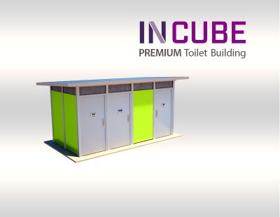 Incube modern toilet building us available in a range of material colour finished.